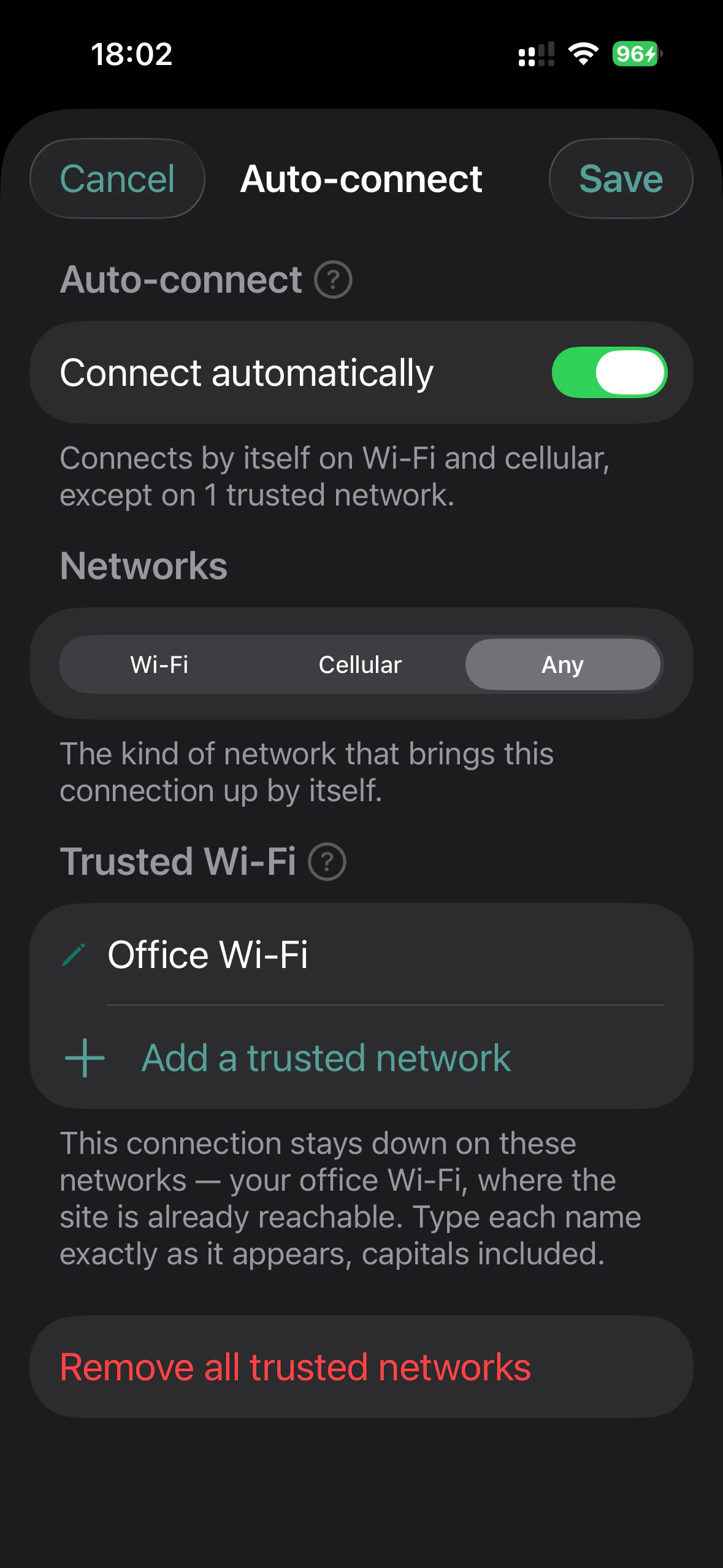 Auto-connect for a connection on iPhone: Connect automatically on, network kind Any, and Office Wi-Fi as a trusted network where the connection stays down.