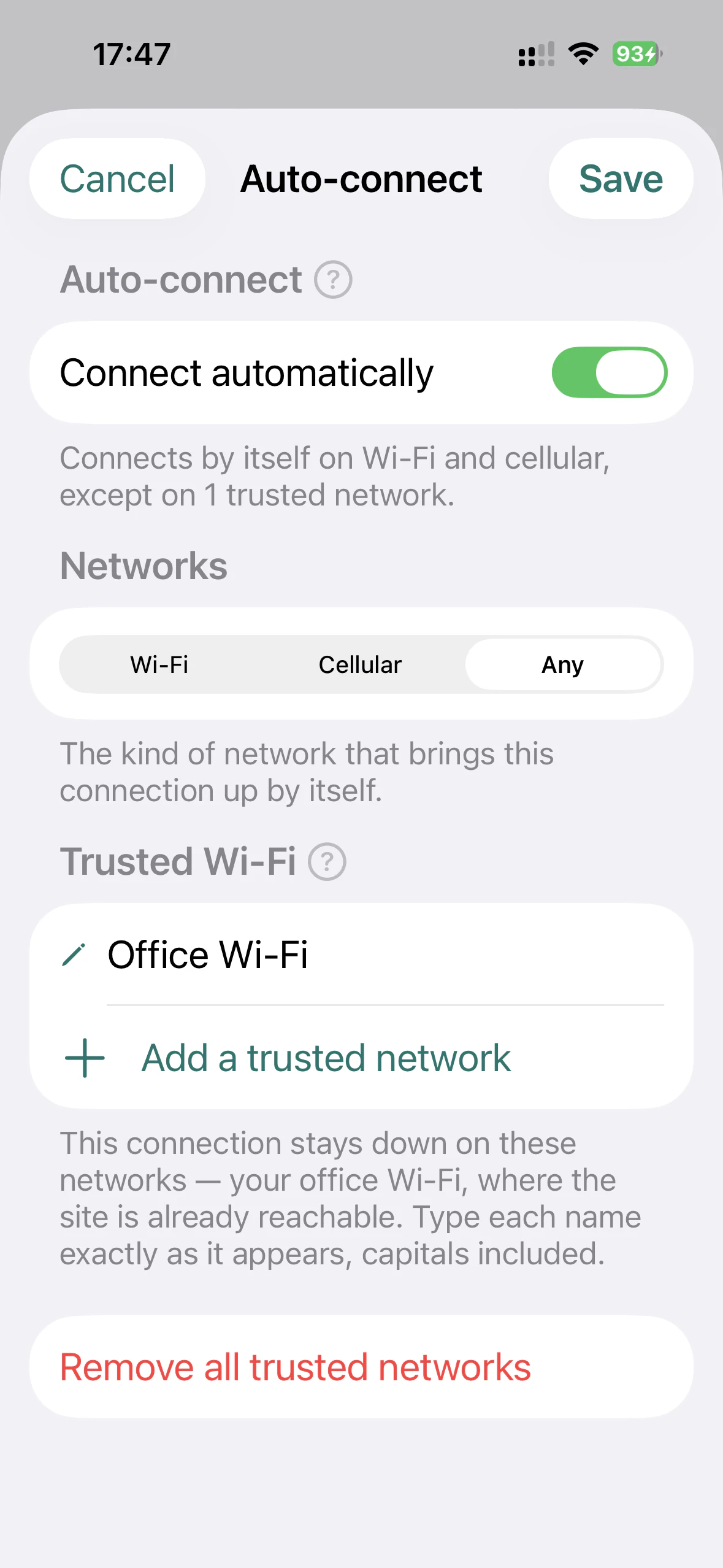 Auto-connect for a connection on iPhone: Connect automatically on, network kind Any, and Office Wi-Fi as a trusted network where the connection stays down.