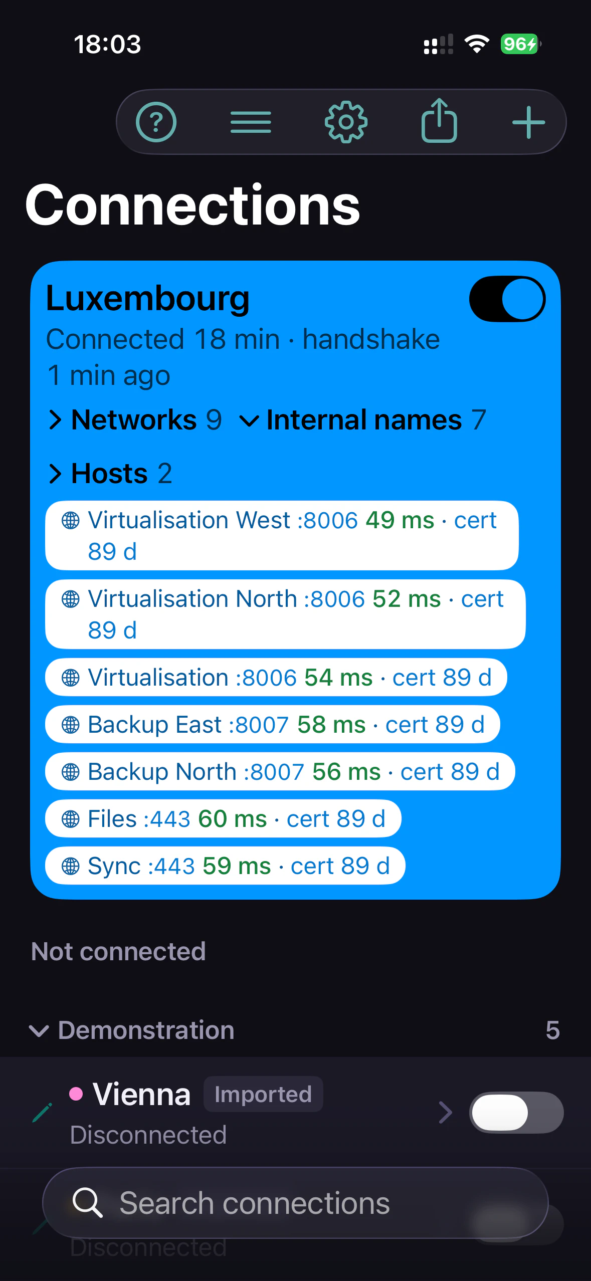 Luxembourg connected on iPhone, its internal names unfolded: each with its port, response time and certificate days left.