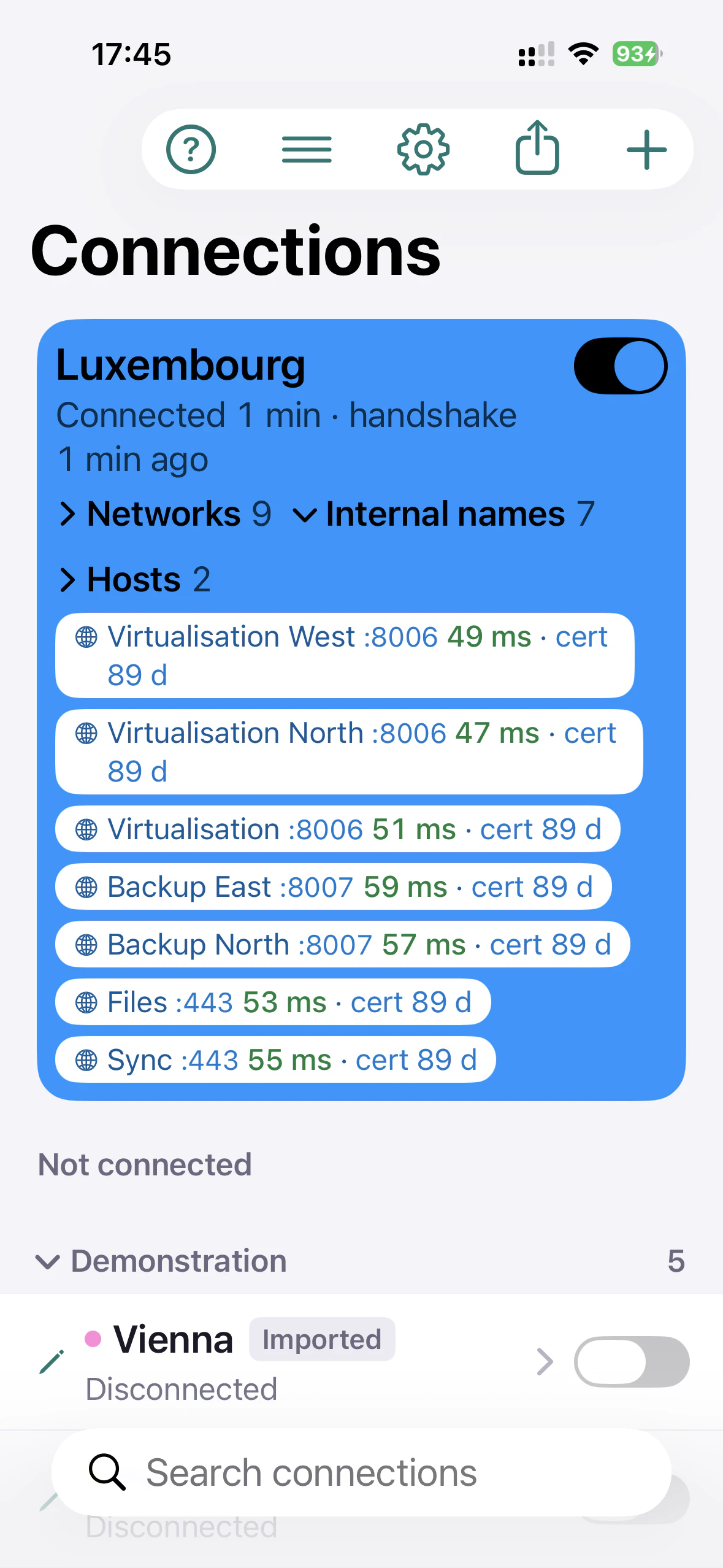Luxembourg connected on iPhone, its internal names unfolded: each with its port, response time and certificate days left.