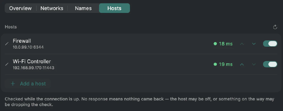 The Hosts tab on a Mac: Firewall and Wi-Fi Controller, each with its round-trip time through the tunnel.