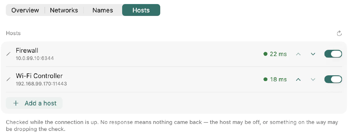The Hosts tab on a Mac: Firewall and Wi-Fi Controller, each with its round-trip time through the tunnel.