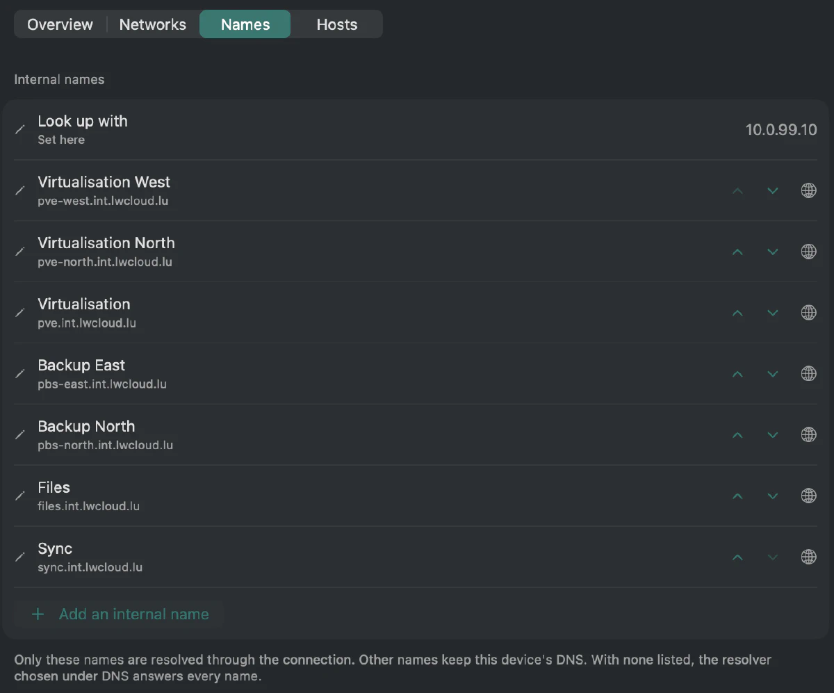 The Names tab of a connection on a Mac: internal names looked up with 10.0.99.10, seven names such as pve-west.int.lwcloud.lu, and Add an internal name.