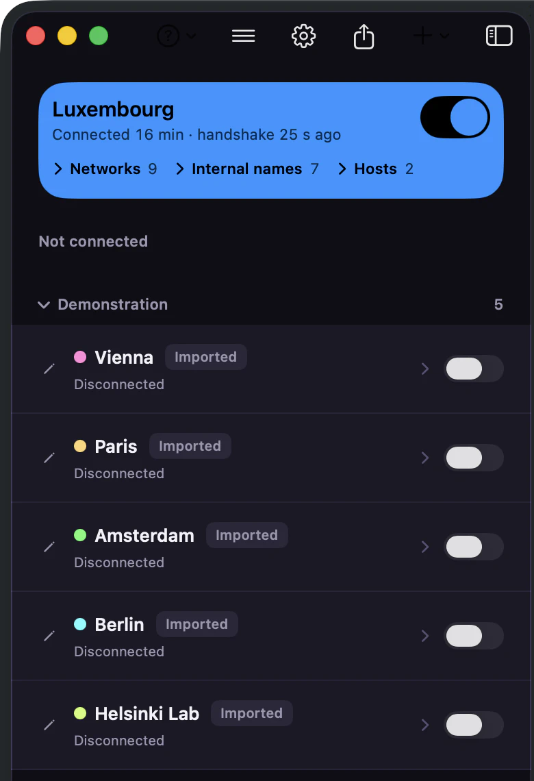 The Paart sidebar on a Mac: Luxembourg connected at the top, and a Demonstration group of five connections below it.