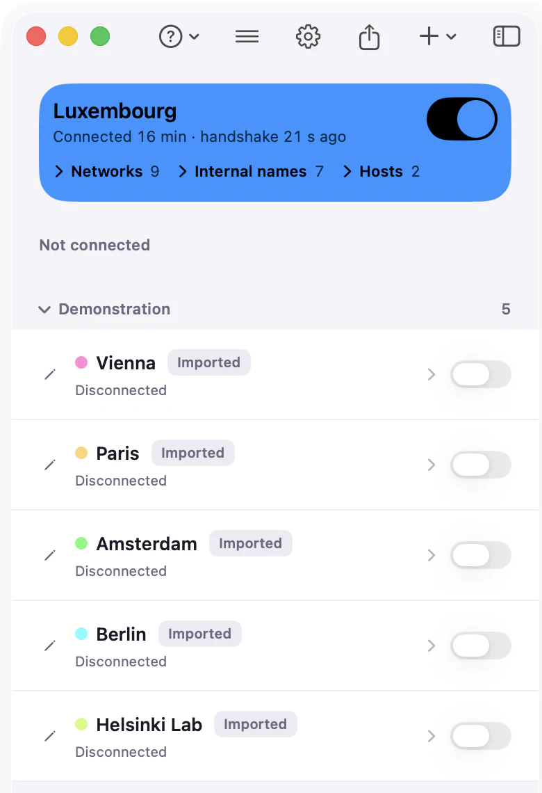The Paart sidebar on a Mac: Luxembourg connected at the top, and a Demonstration group of five connections below it.