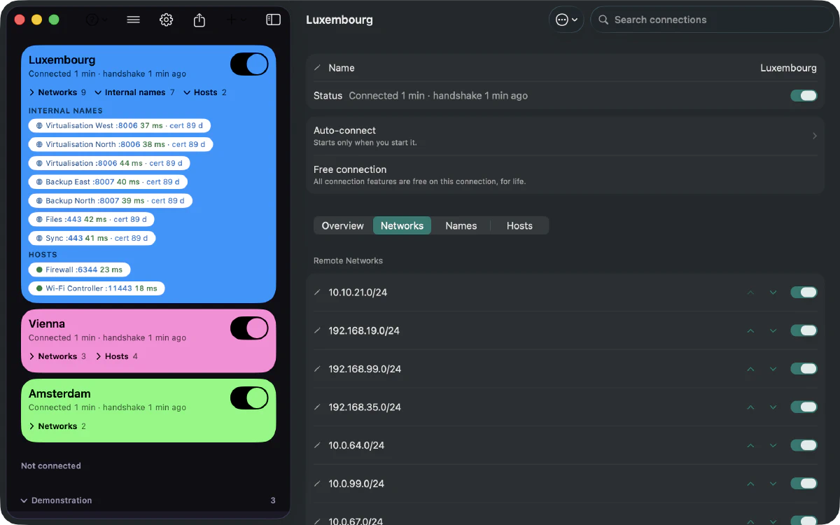 Paart on a Mac: Luxembourg, Vienna and Amsterdam connected at the same time, each in its own colour. Luxembourg’s card lists seven internal names and two hosts with their response times, and its nine remote networks each have a switch.