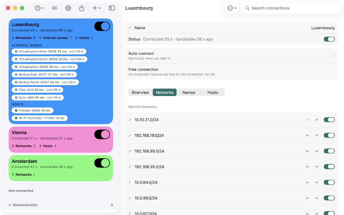 Paart on a Mac: Luxembourg, Vienna and Amsterdam connected at the same time, each in its own colour. Luxembourg’s card lists seven internal names and two hosts with their response times, and its nine remote networks each have a switch.