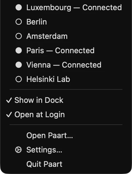 The Paart menu in the Mac menu bar: each connection with its state, three of them connected, then Show in Dock, Open at Login, Open Paart, Settings and Quit.