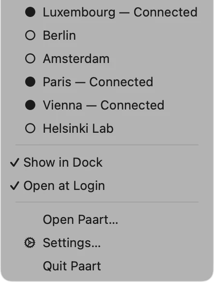 The Paart menu in the Mac menu bar: each connection with its state, three of them connected, then Show in Dock, Open at Login, Open Paart, Settings and Quit.