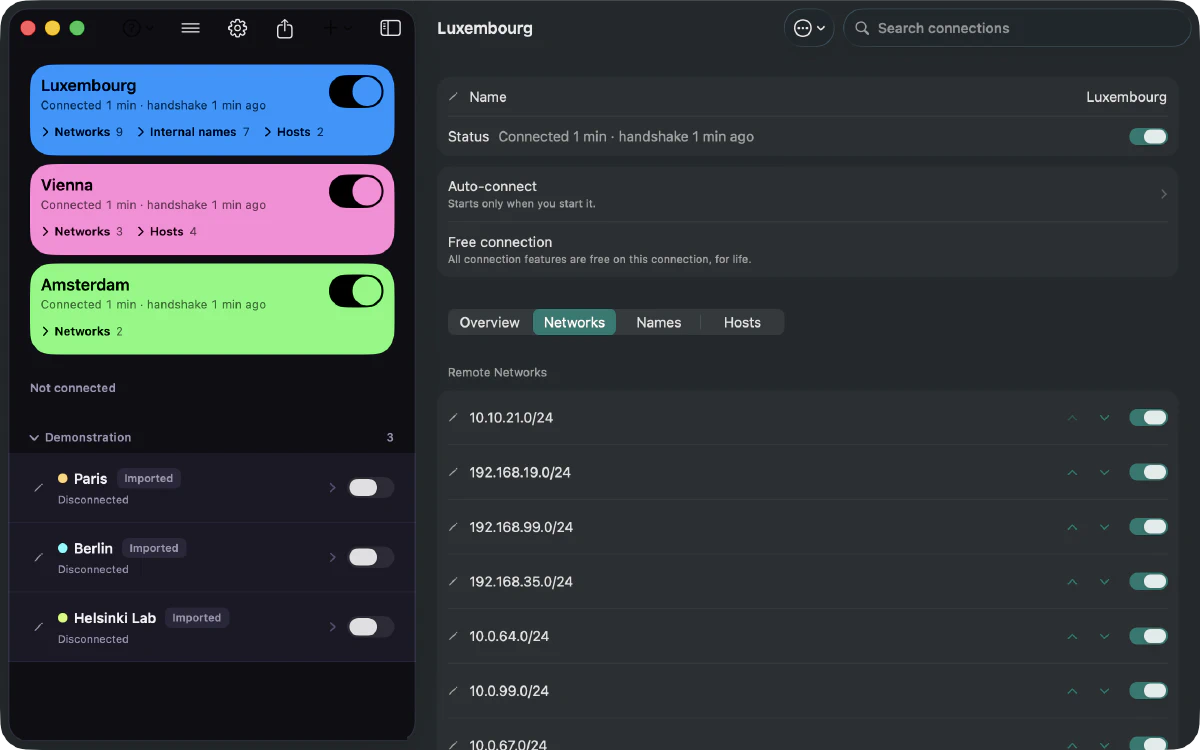 Three connections up at once on a Mac. On the right, Luxembourg’s nine remote networks, each with its own switch and arrows to reorder it.