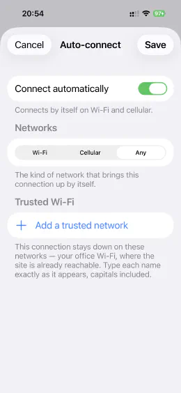 Paart op engem iPhone: d'Astellunge fir dat automatesch Verbannen — e Schalter, eng
Wiel tëscht WLAN, Mobilfunk oder all Netz, an eng Lëscht vu vertrauenswierdege
WLAN-Nimm, déi d'Verbindung aus hält.